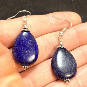 Lapis Pear Shape Drop Dangle Earrings French Wire 925 Sterling Silver 2.25" L